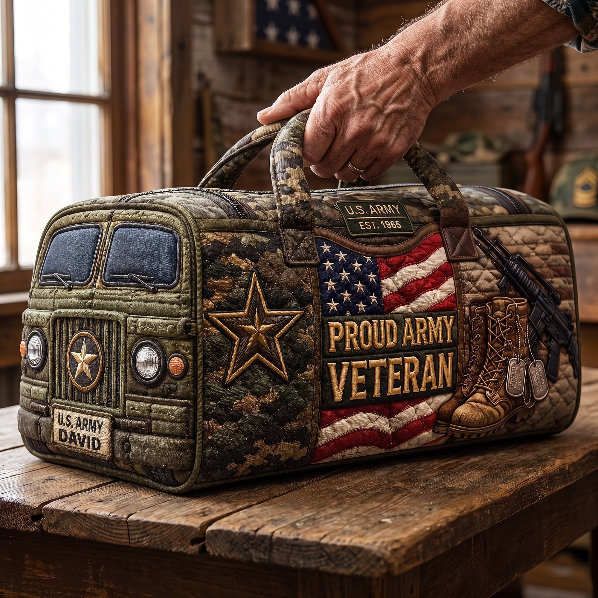 “Honor the Brave” - Military Quilted Duffle Bag - Personalized Gift for Veterans