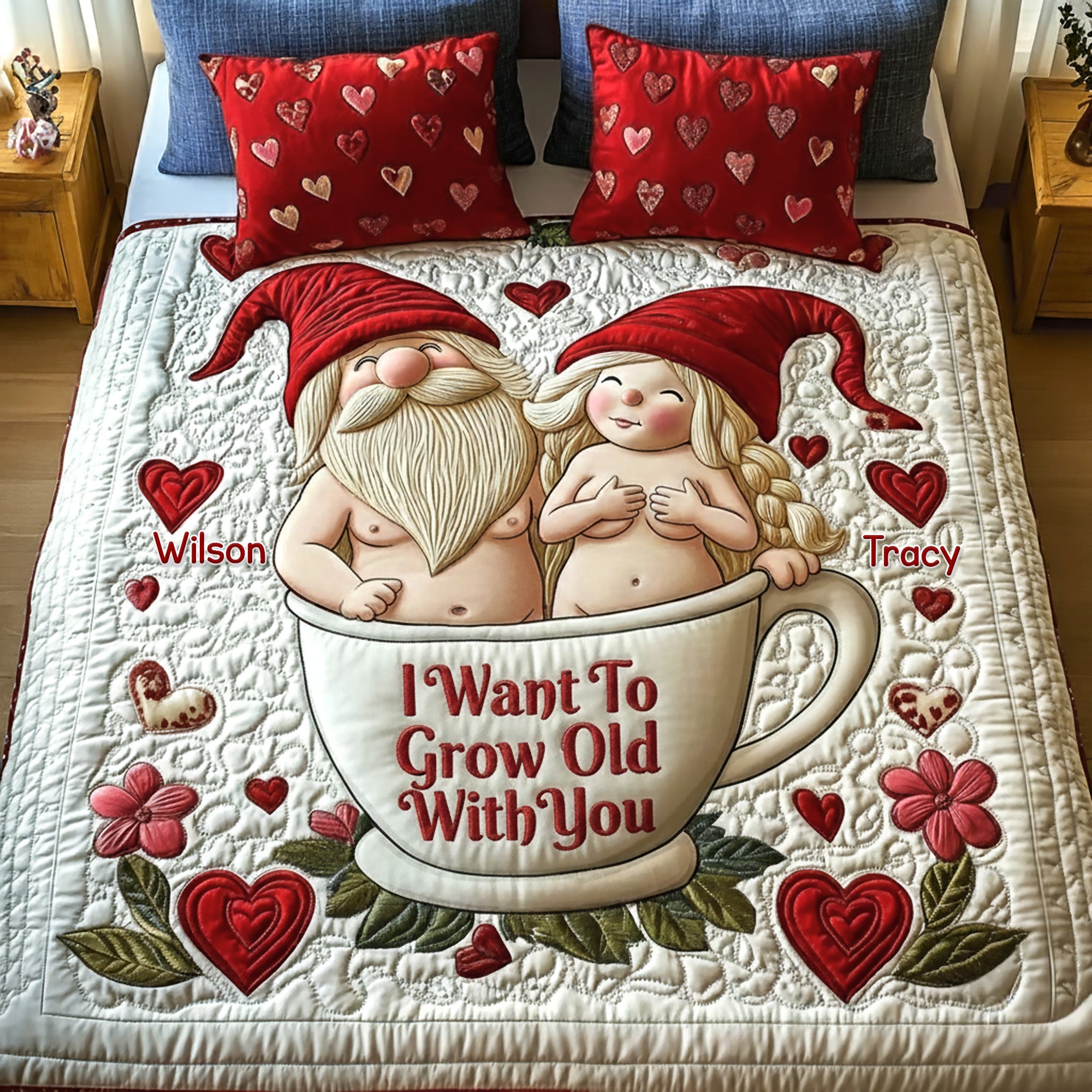 I Want To Grow Old With You - Personalized Gnome Old Couple Quilt Bed Set Bedding Set PopCulturePrints