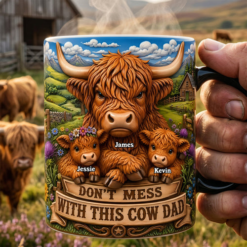 “Don't Mess with This Cow Dad” - Rustic Highland Cow Personalized Coffee Mug - Gift for Dads, Grandpas, and More Coffee Mug PopCulturePrints