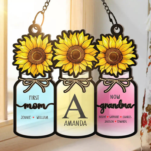 “Cherished Moments” – Personalized Monogram Flower Jar Ornament - Gift for Mom, Grandma, and Families Suncatcher Ornament PopCulturePrints