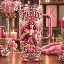 Load image into Gallery viewer, Fight Like a Girl - Strong Pink Woman 40oz Tumbler, Personalized Gifts for Cancer Awareness

