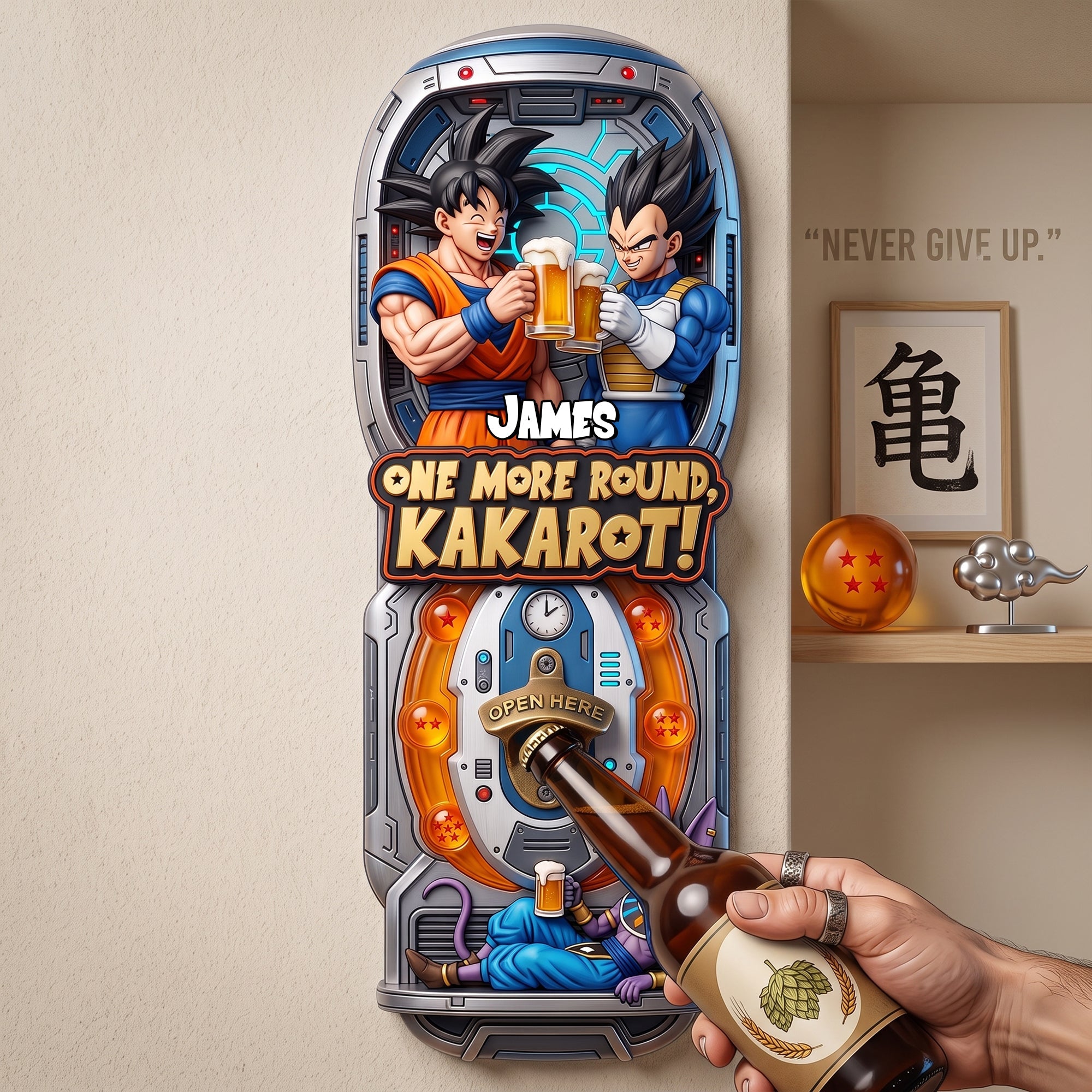 One More Round, Kakarot! - Personalized Golden Warrior Bottle Opener