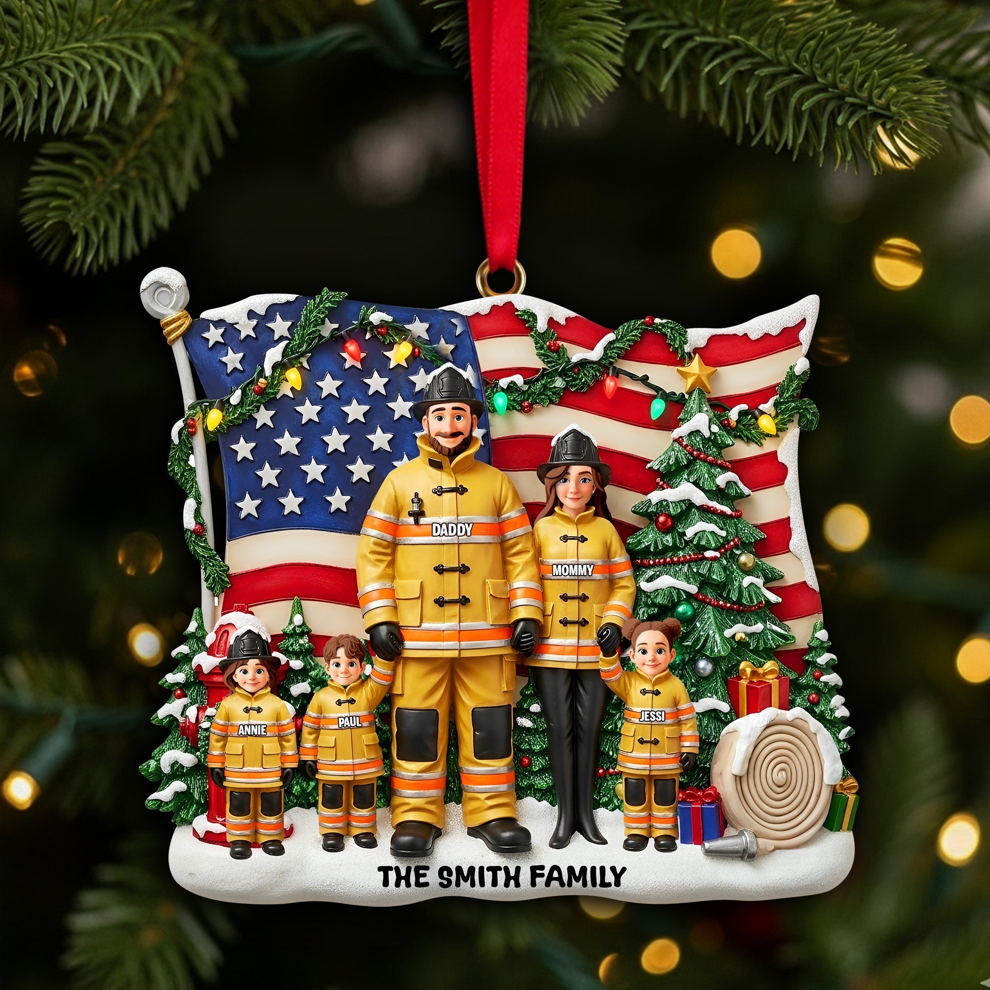 "Celebrate Family Valor this Holiday Season - Personalized Firefighter Christmas Ornament for Families" Ornament PopCulturePrints