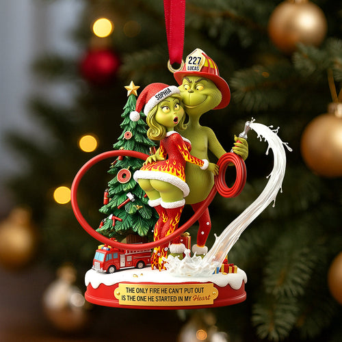 The Only Fire He Can't Put Out - Funny Firefighter Green Monster Personalized Christmas Ornament for Couples Ornament PopCulturePrints