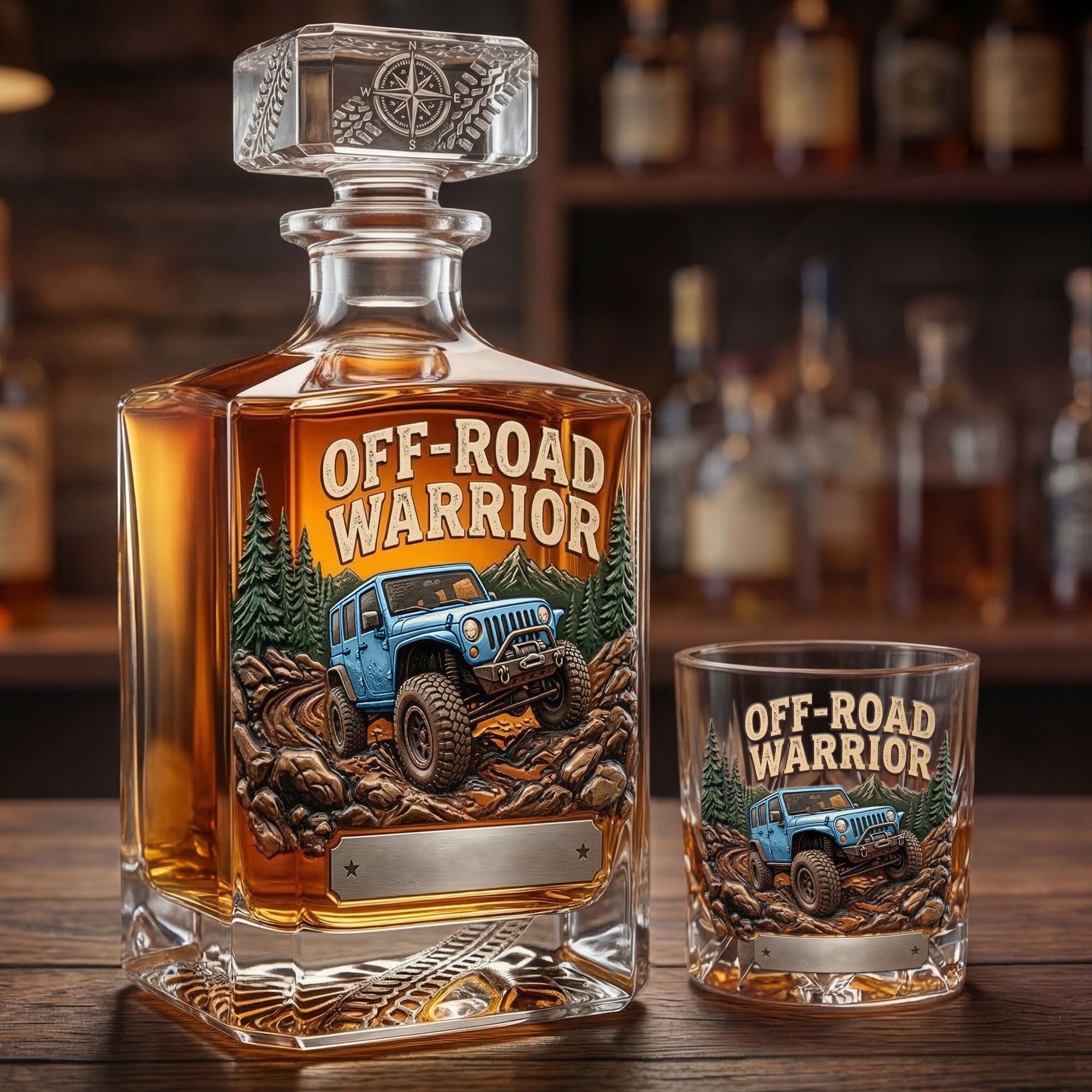 “Unleash the Warrior Within” - Rugged Trail Warrior Decanter Set - Personalized Gifts for Off-Road Lovers Bottle PopCulturePrints