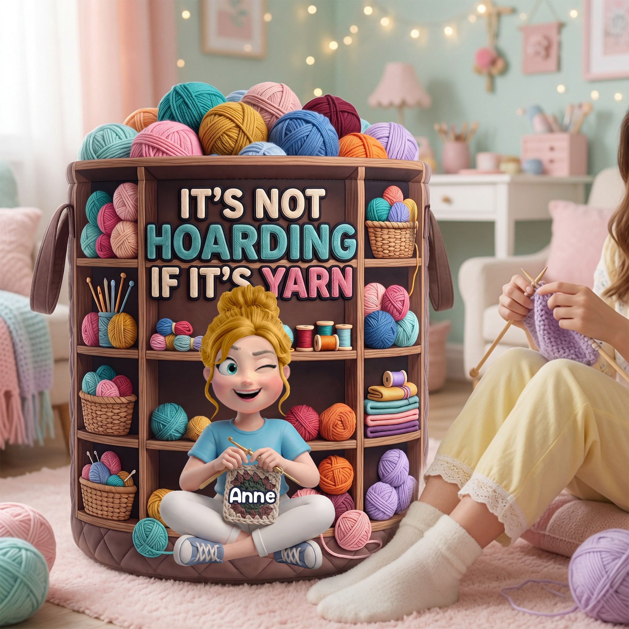 “It's Not Hoarding If It’s Yarn” – Crochet Girl Quilted Laundry Basket - Personalized Gifts for Crochet Lovers