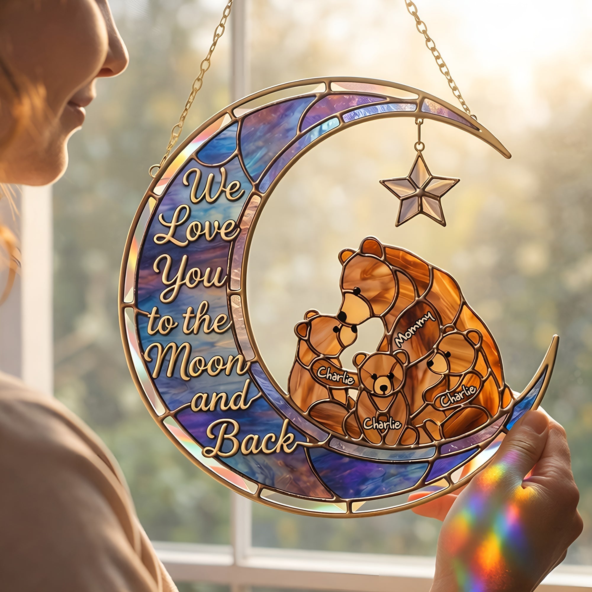 We Love You to the Moon and Back - Proud Mama Bear Suncatcher Personalized Gift for Mom & Grandma Ornament PopCulturePrints
