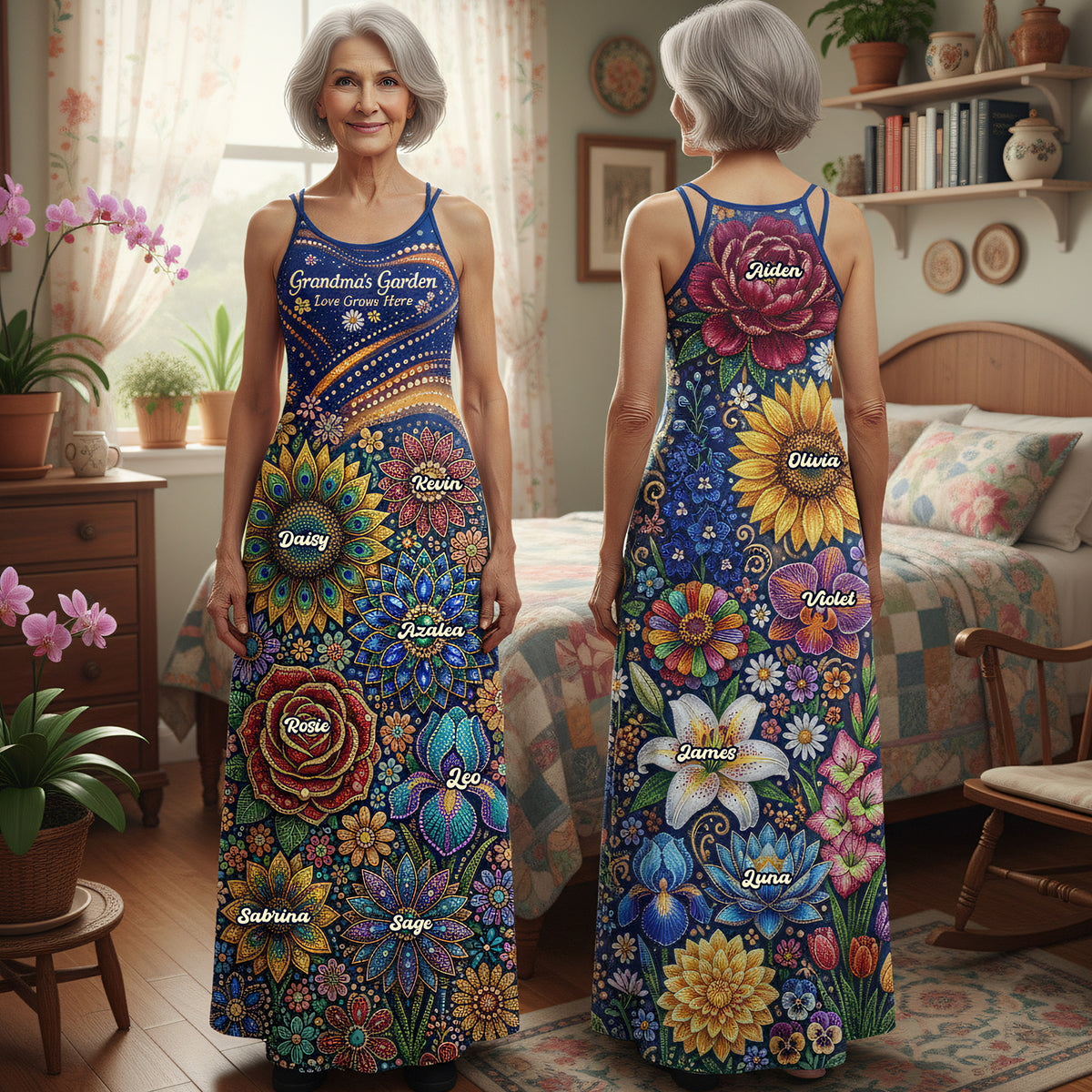 Grandma's Garden - Personalized Suspender Maxi Dress for Grandmas Dress PopCulturePrints