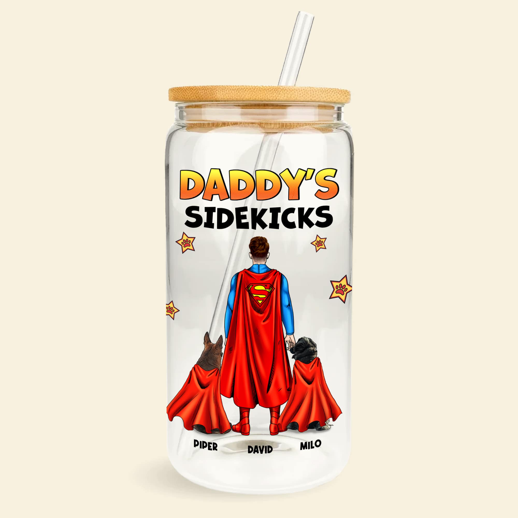 Custom Superhero Dad and Pets Glass Can - Personalized Father's Day Gift Glass Can PopCulturePrints