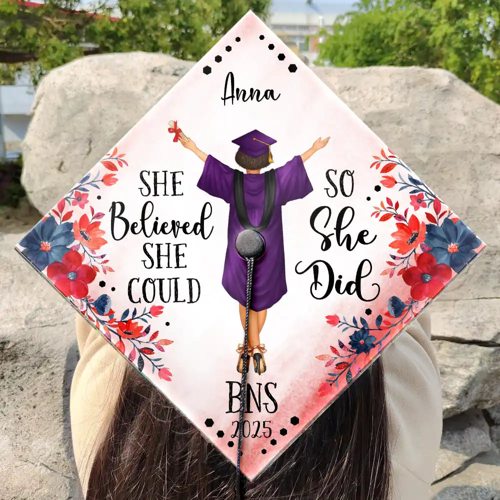 She Believed She Could - Personalized Graduation Cap Topper | Unique Gift for Graduates Graduation Cap Topper PopCulturePrints
