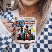 Load image into Gallery viewer, &quot;Busy Raising Superheroes&quot; - Boy Mom Clear Glass Mug - Personalized Gift for Moms, Grandmas, and More Clear Glass Mug PopCulturePrints
