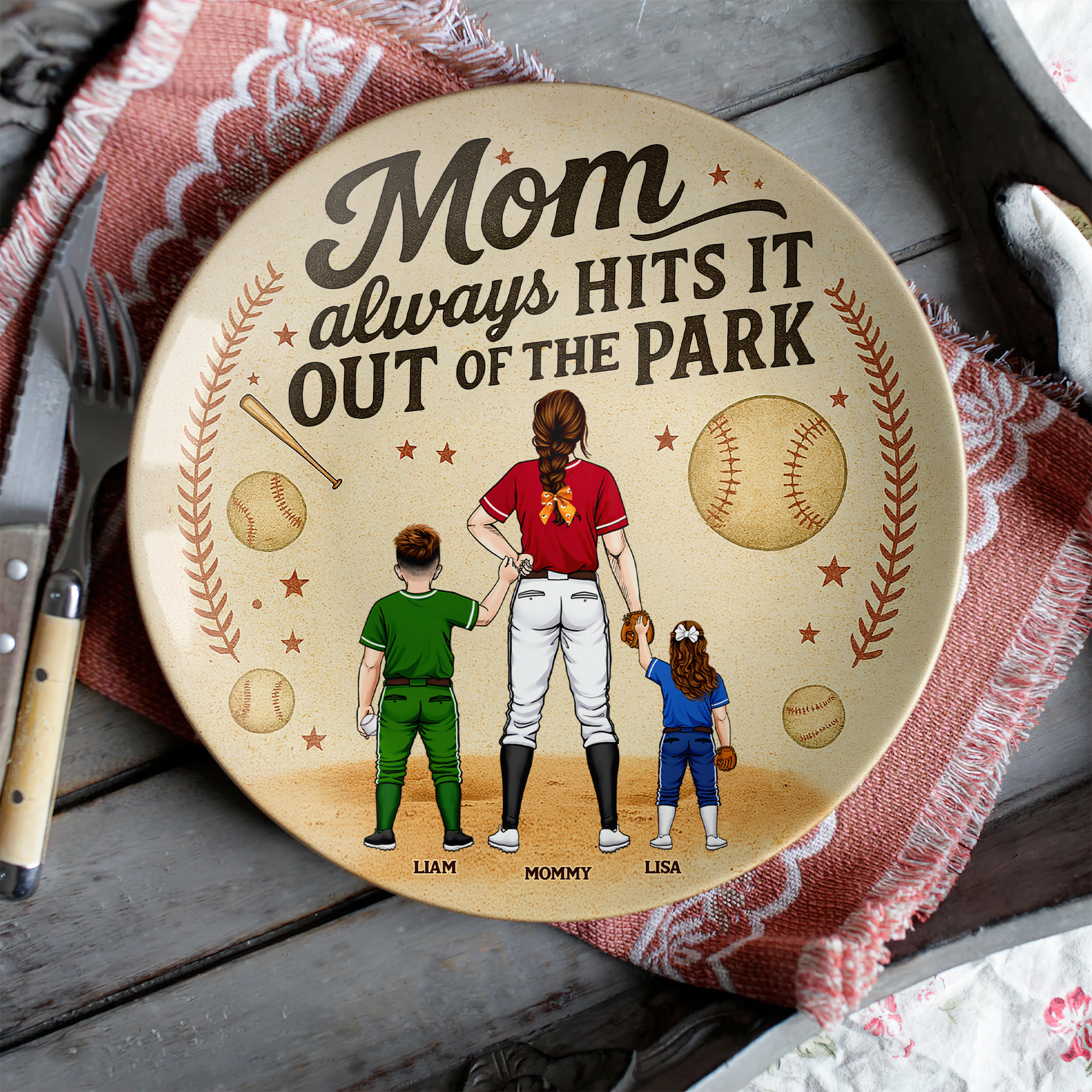 Mom Always Hits It Out Of The Park - Personalized Baseball Mom Ceramic Round Plate Gift Ceramic Round Plate PopCulturePrints