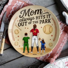 Load image into Gallery viewer, Mom Always Hits It Out Of The Park - Personalized Baseball Mom Ceramic Round Plate Gift Ceramic Round Plate PopCulturePrints
