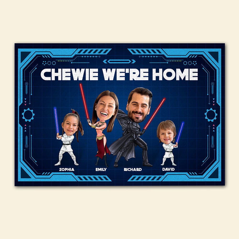Custom Star-Themed Family Photo Doormat - 'Chewie We're Home' Doormat PopCulturePrints