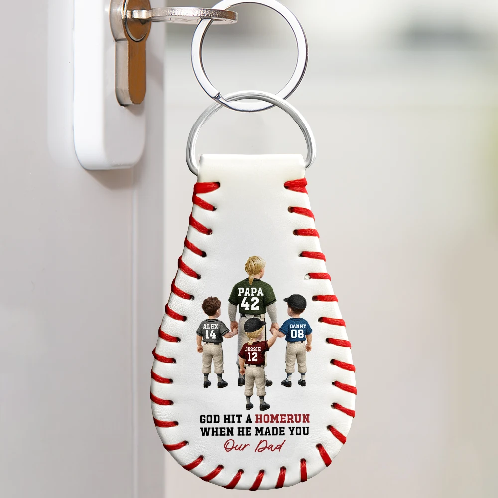 God Hit A Homerun When He Made You Our Dad - Personalized Leather Baseball Keychain Leather Baseball Keychain PopCulturePrints