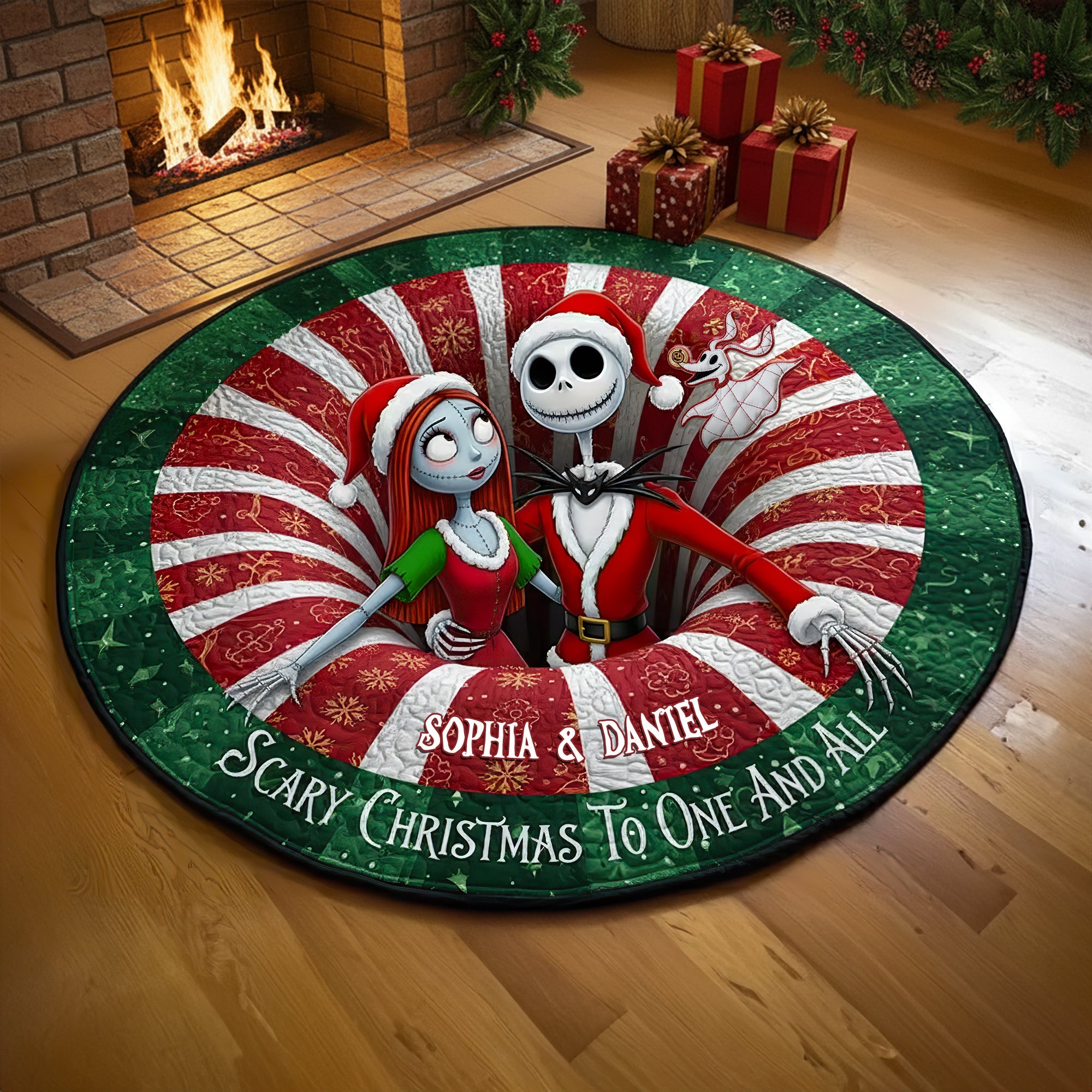 "Scary Christmas To One And All" - Personalized Creepy Cute Couple Round Mat - Unique Gift for Couples Doormat PopCulturePrints