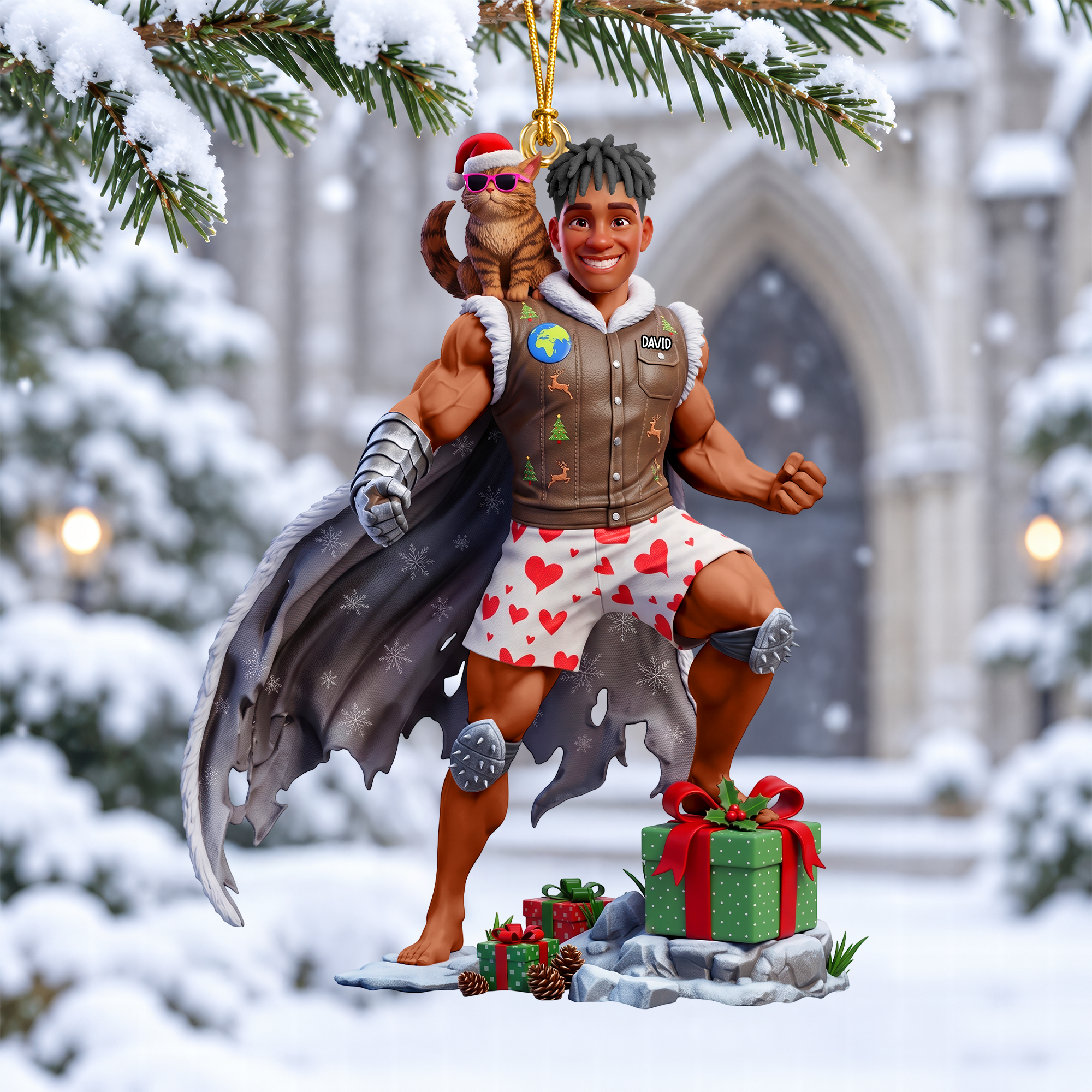 Funny Adventure Men With Cat Ornament - Personalize Your Holiday Cheer