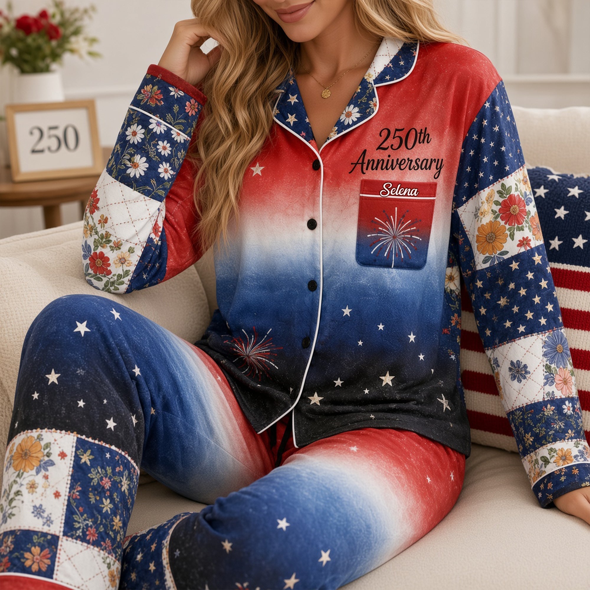 "Celebrate Your Love with Personalized Pajamas!" - Red White & Blue Floral Pajamas Set - Custom Gifts for Couples and Anniversaries