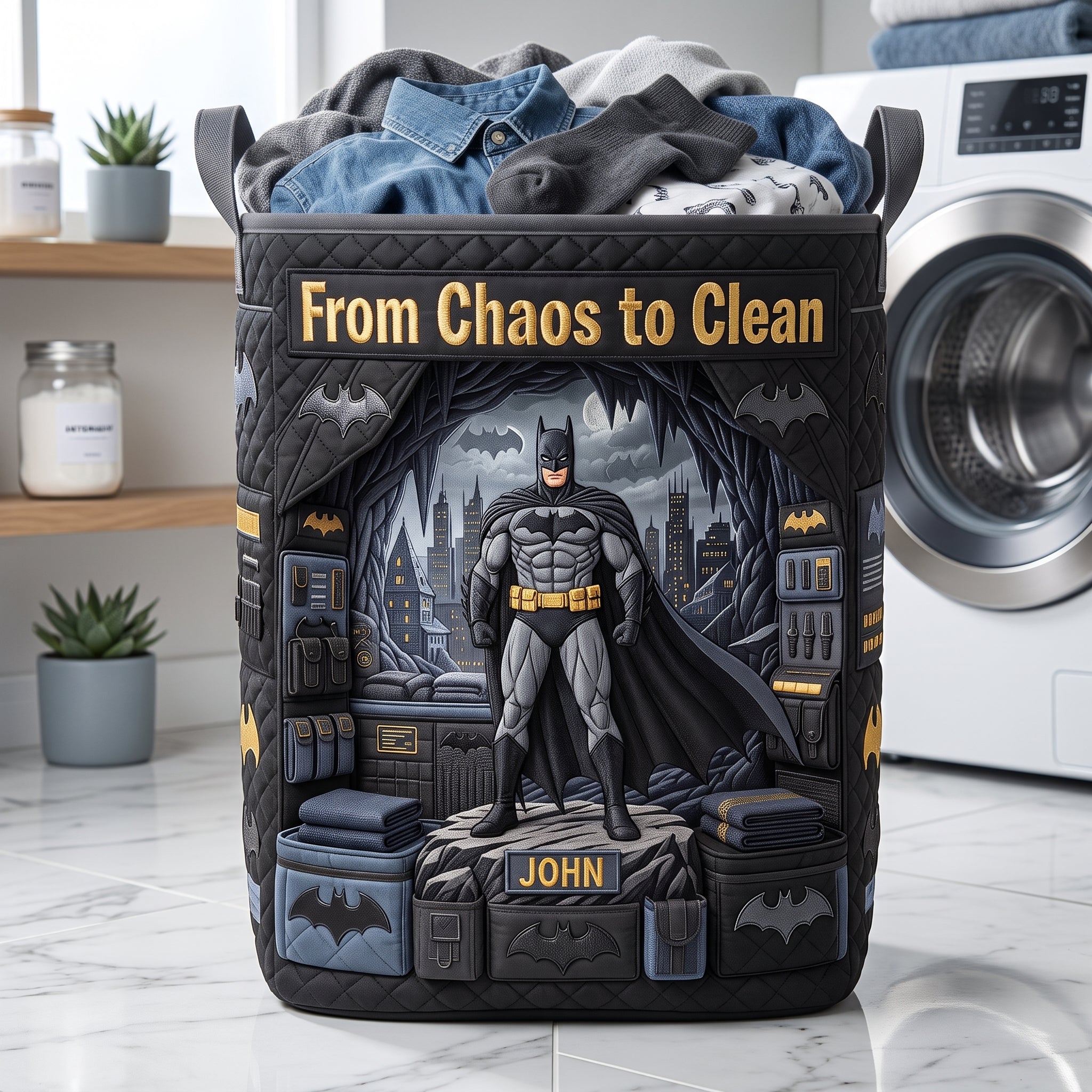 From Chaos to Clean - Elite Warrior Quilted Laundry Basket - Personalized Gift for Superhero Fans