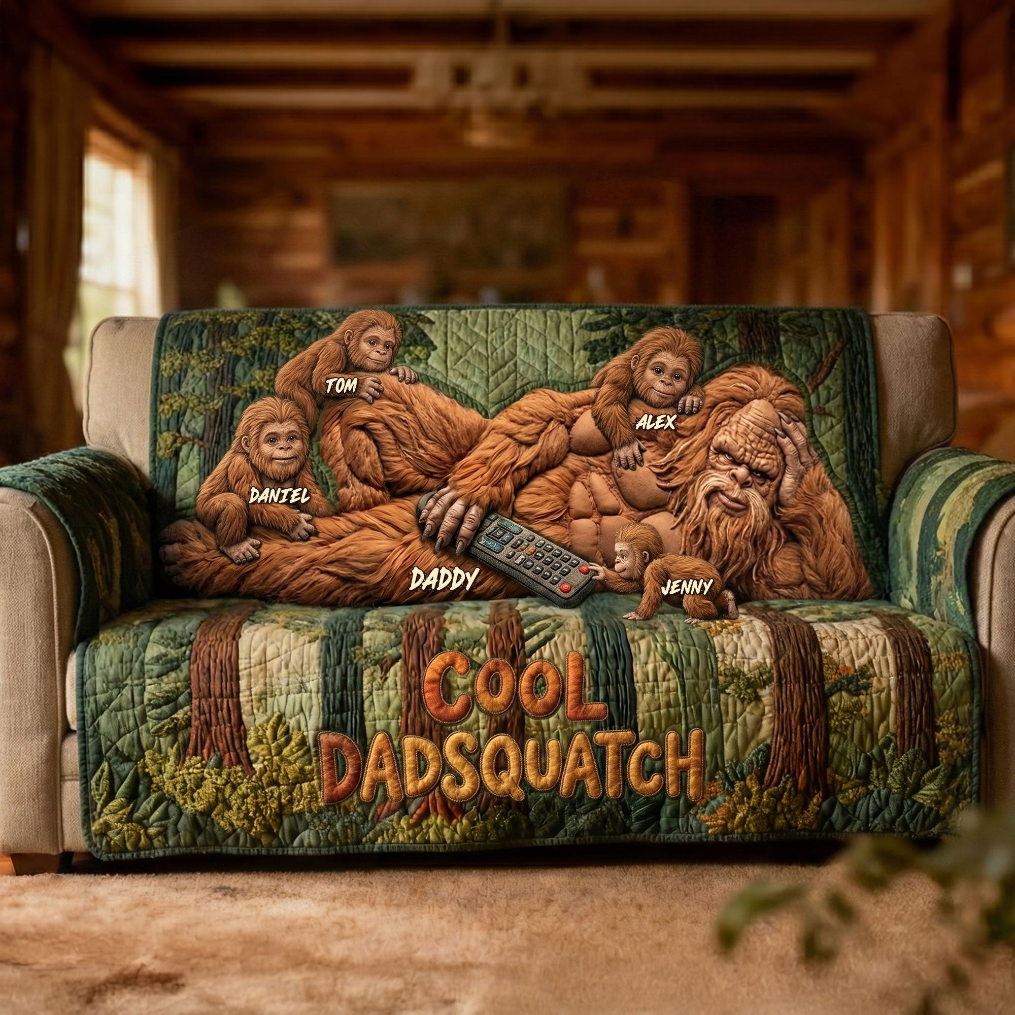 “Cool Dadsquatch” - Personalized Fun Sasquatch Dad Resting Quilted Sofa Cover - Perfect Gift for Dads, Moms, and Grandmas! Sofa Cover PopCulturePrints