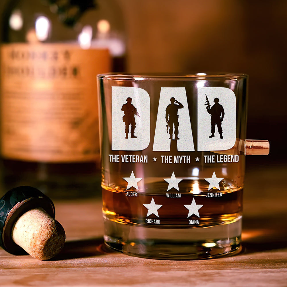 "Dad: The Veteran, The Myth, The Legend" - Personalized Bullet Glass for Dad, Perfect Gift for Veterans and Grandpas Bullet Glass PopCulturePrints