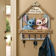 Load image into Gallery viewer, Ohana Means Family - Personalized Cartoon Couple Wood Key Hanger Wood Sign PopCulturePrints
