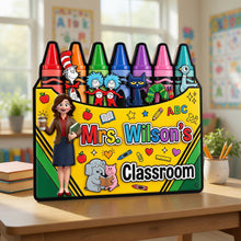 Load image into Gallery viewer, "Inspire Creativity &amp; Learning" - Teacher's Crayon Classroom Acrylic Plaque - Personalized Gift for Teachers, Educators, and Mentors Shaped Plaques PopCulturePrints
