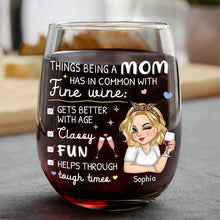 Load image into Gallery viewer, Things Being a Mom Has in Common with Fine Wine - Personalized Stemless Wine Glass - Gift for Mom, Grandma, Special Occasions Wine Glass PopCulturePrints
