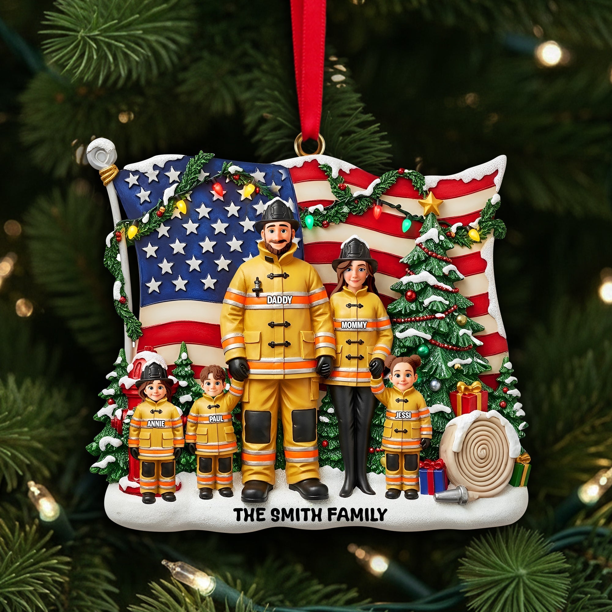 "Celebrate Family Valor this Holiday Season - Personalized Firefighter Christmas Ornament for Families" Ornament PopCulturePrints