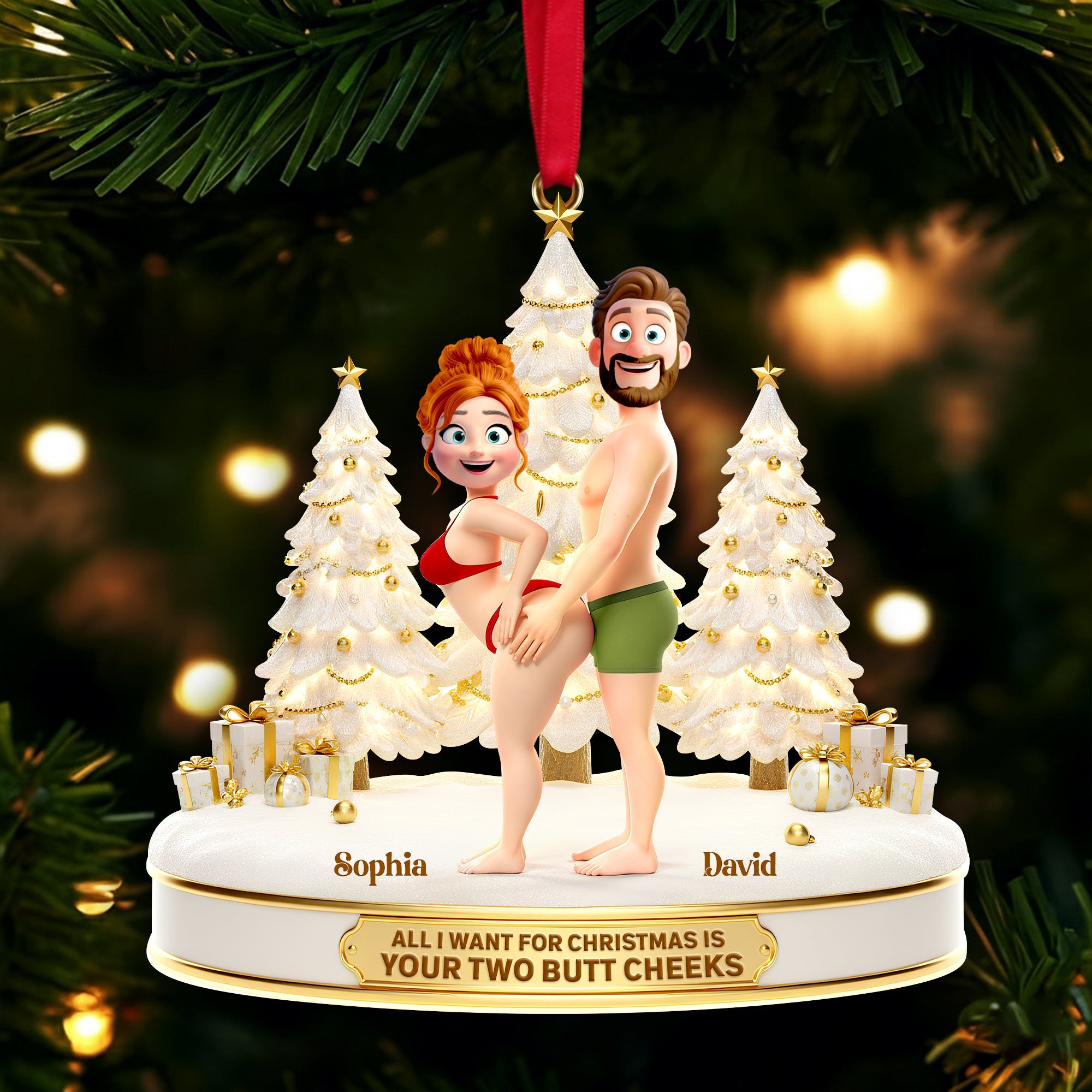 All I Want for Christmas is Your Two Butt Cheeks - Personalized Playful Couple Acrylic Ornament Ornament PopCulturePrints