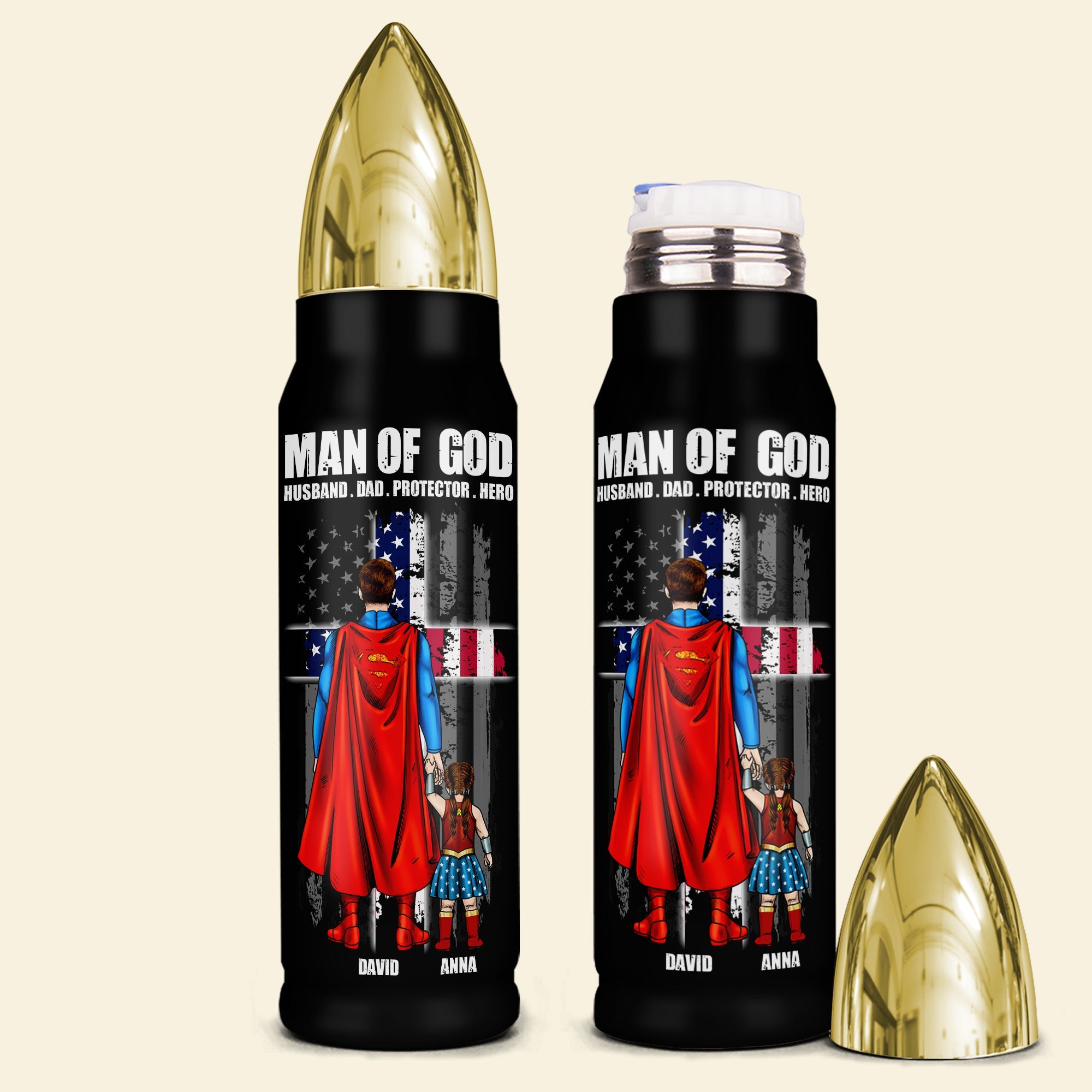 Personalized Superhero Dad Bullet Tumbler with American Flag