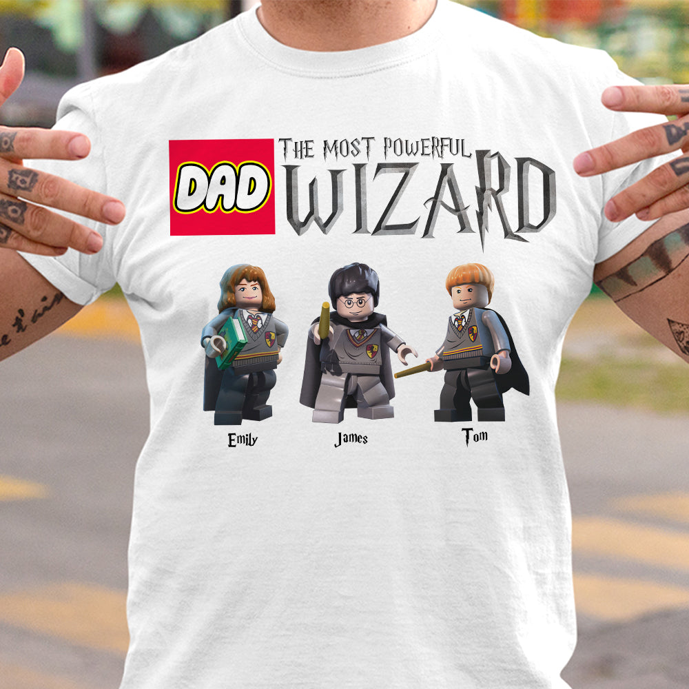 Personalized Dad Most Powerful Wizard T-Shirt with LEGO Style Characters