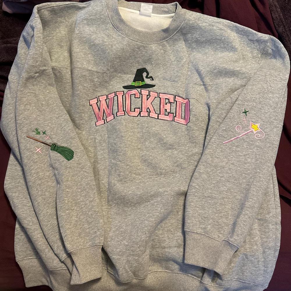 Wicked Witch Embroidered Christmas Sweatshirt - Pink & Green