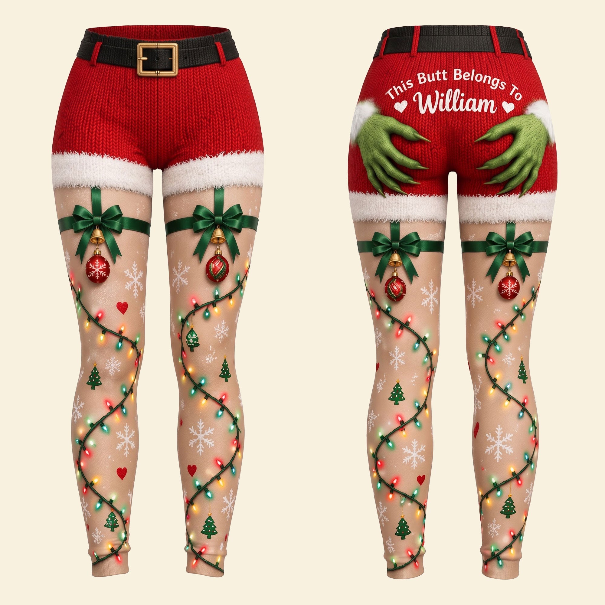 This Butt Belongs To William - Funny Personalized Christmas Leggings for Couples Shorts and Pants PopCulturePrints
