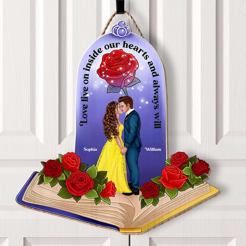 Personalized Romantic Wooden Sign for Couples - Love Lives On in Our Hearts Wood Sign PopCulturePrints