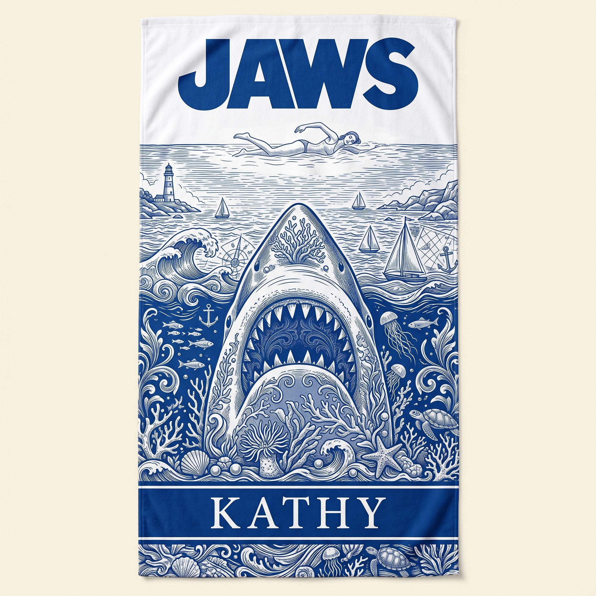 Ancient Shark Toile De Jouy Beach Towel, Personalized Gifts 03qhti180726 Beach Towel PopCulturePrints