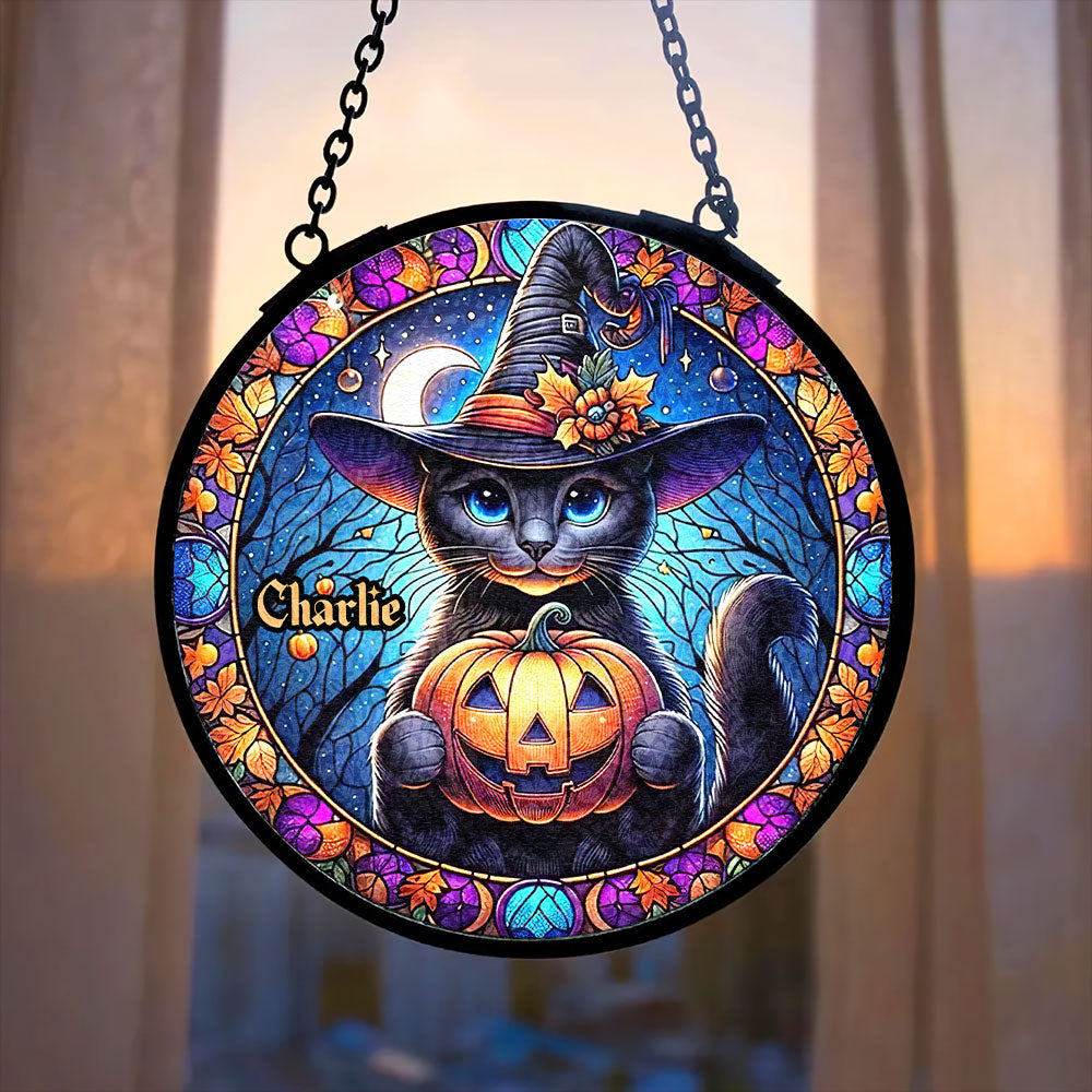 Personalized Black Cat Witch Stained Glass Suncatcher