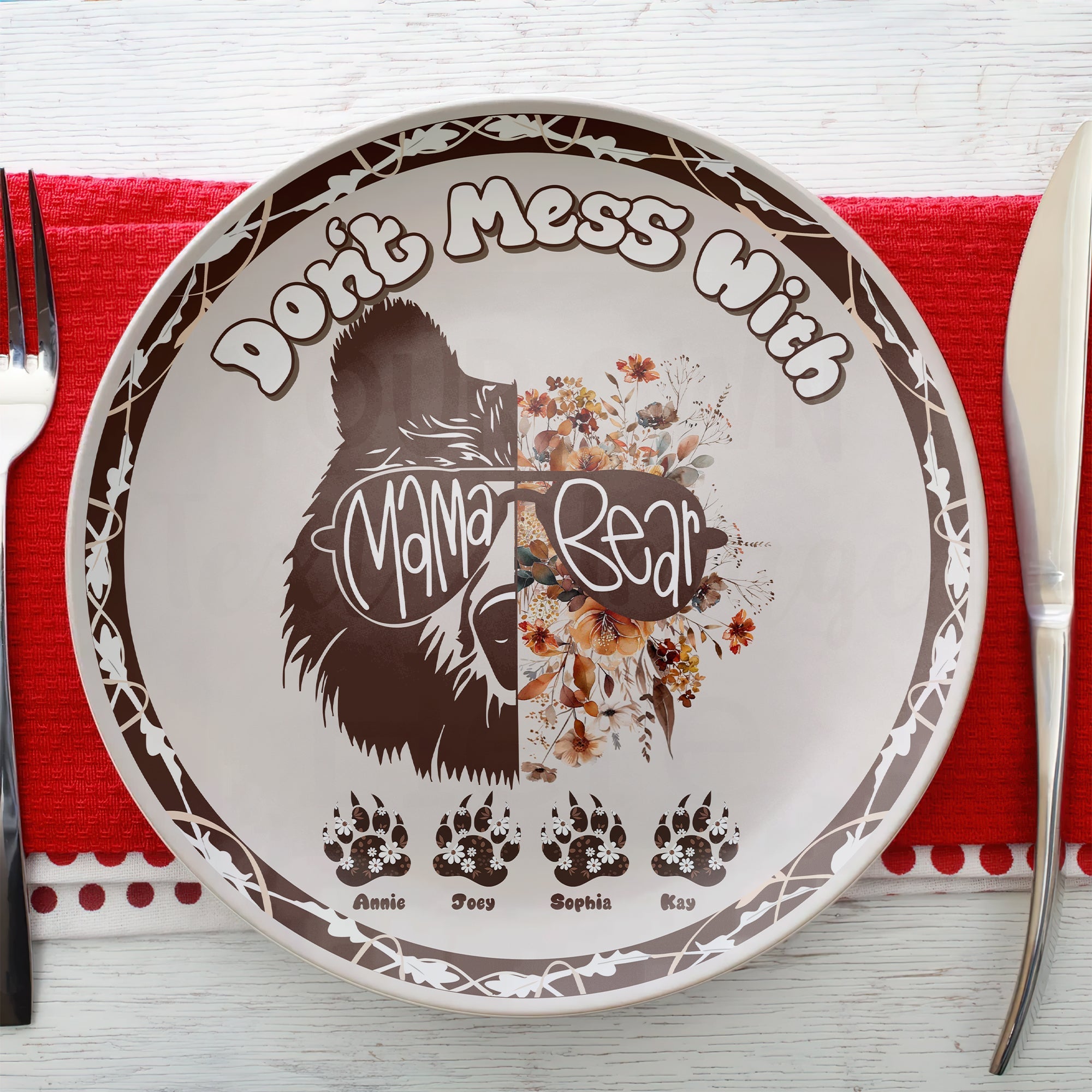 "Don't Mess With Mama Bear" - Personalized Ceramic Round Plate - Gift for Mom, Grandma, and More Ceramic Round Plate PopCulturePrints