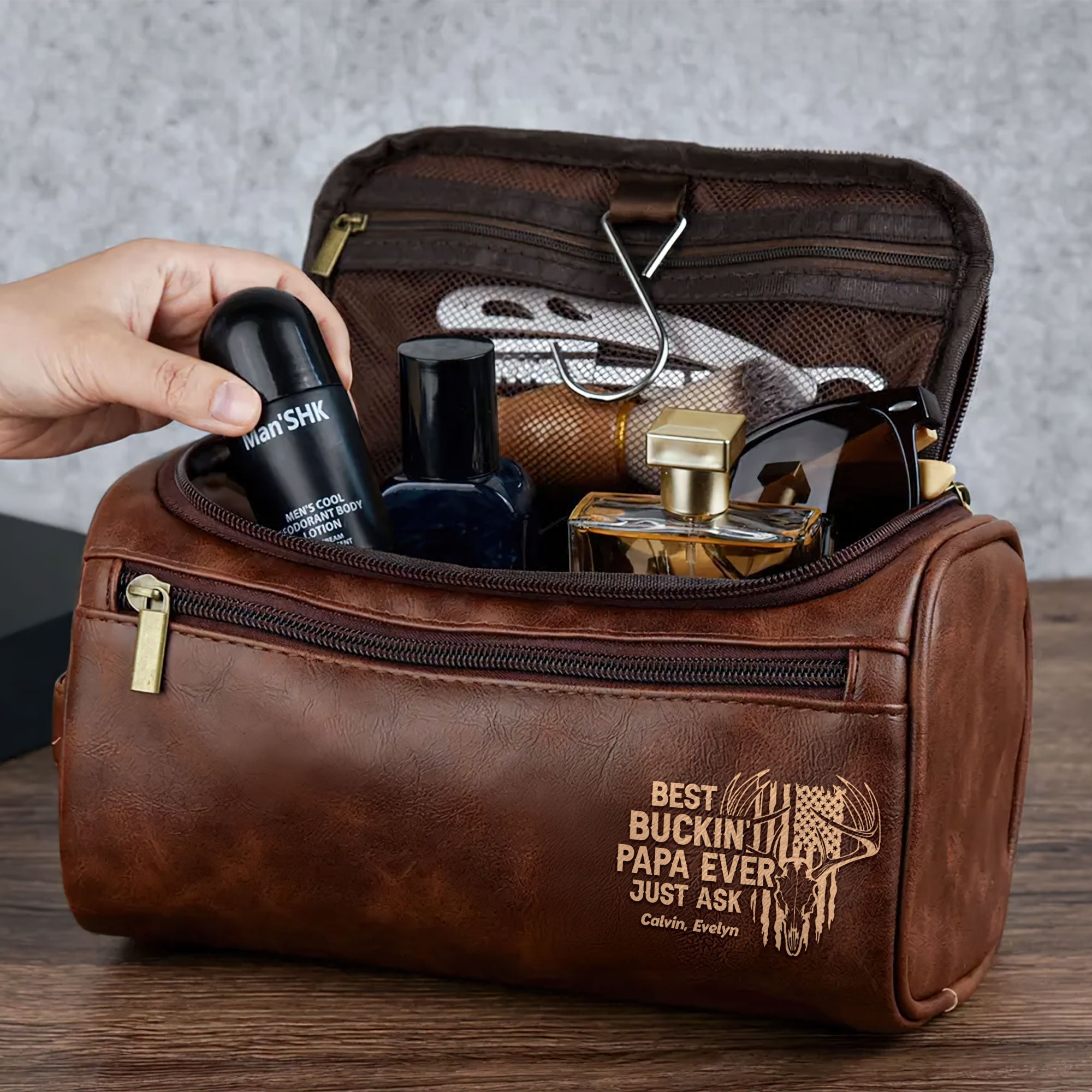 “Best Buckin’ Dad Ever!” - Personalized Leather Toiletry Bag for Hunting Dads, Gift for Dad, Grandpa, and Father’s Day Toiletry Bag PopCulturePrints
