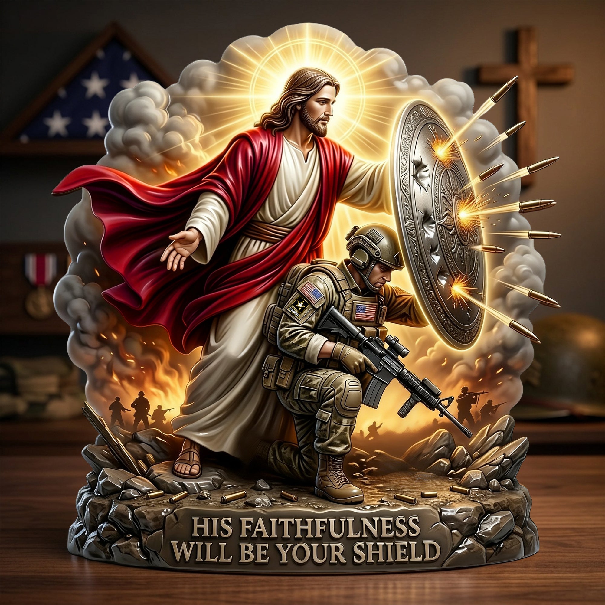 “His Faithfulness Will Be Your Shield” - Personalized Christian Soldier Shield Acrylic Plaque - Custom Gift for Veterans and Believers Shaped Plaques PopCulturePrints