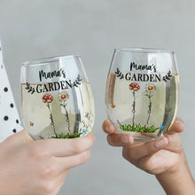 Load image into Gallery viewer, “Grandma&#39;s garden blooms with love” - Personalized Stemless Wine Glass for Grandma and Mom Wine Glass PopCulturePrints
