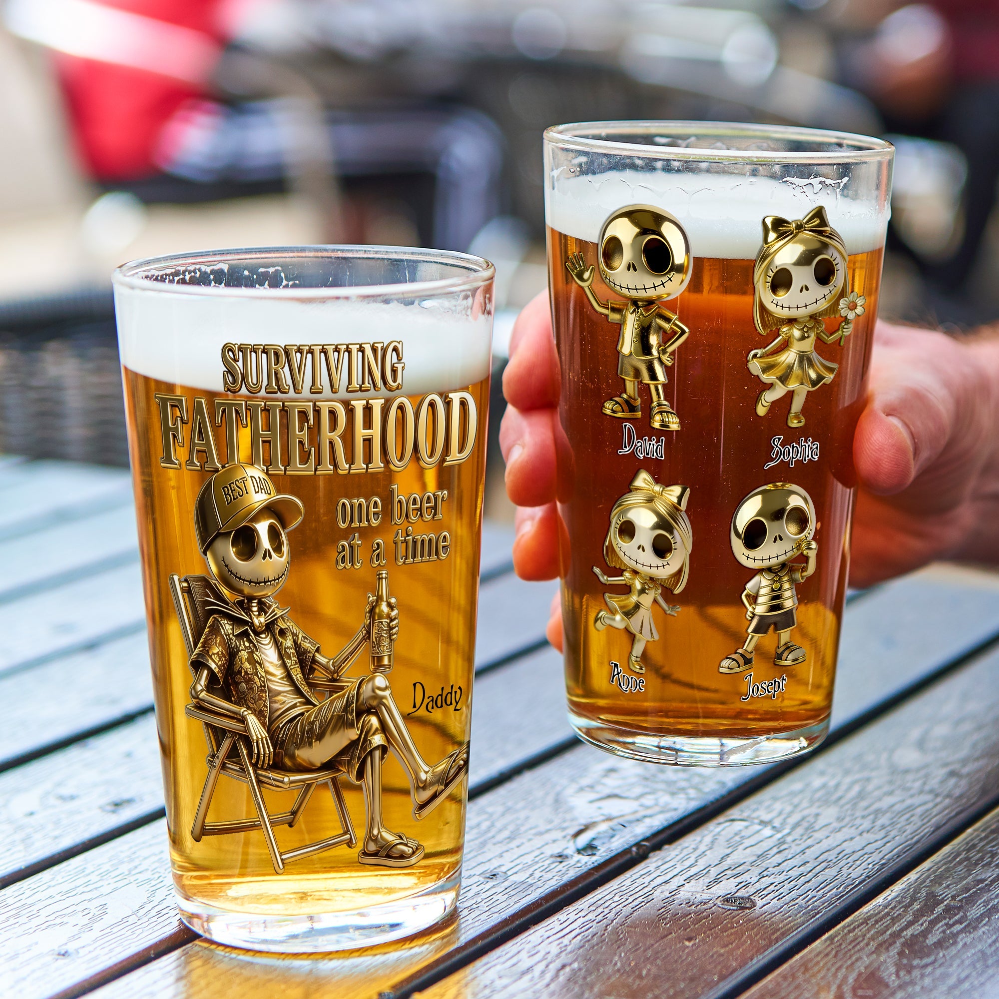 Surviving Fatherhood: One Beer at a Time - Personalized Spooky Dad and Kids Beer Glass Beer Glasses PopCulturePrints