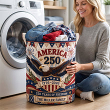 Load image into Gallery viewer, "Celebrate Freedom with Pride - Personalized America 250th Anniversary Quilted Laundry Basket - A Perfect Gift for Patriotic Families"

