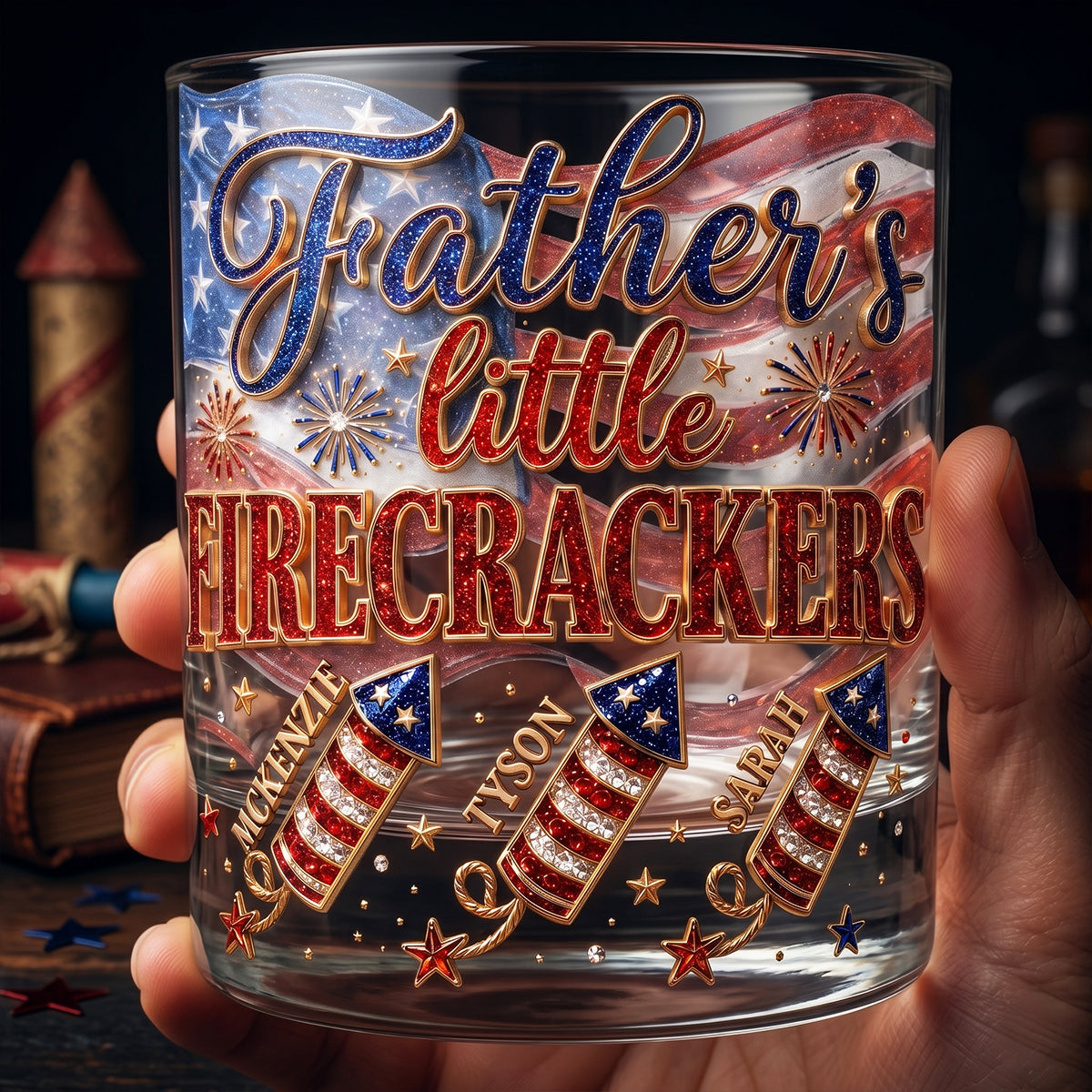“Celebrate Dad with a Bang!” - Firecrackers Drinking Glass, Personalized Gift for Dads, Grandpas, and Fathers Glass PopCulturePrints