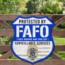 Load image into Gallery viewer, Protected by FAFO Shield Sign - Novelty Surveillance Warning Metal Signs PopCulturePrints
