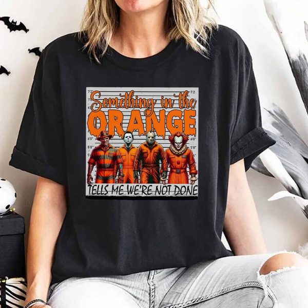 Halloween Horror Characters Mugshot T-Shirt - Classic Orange Design