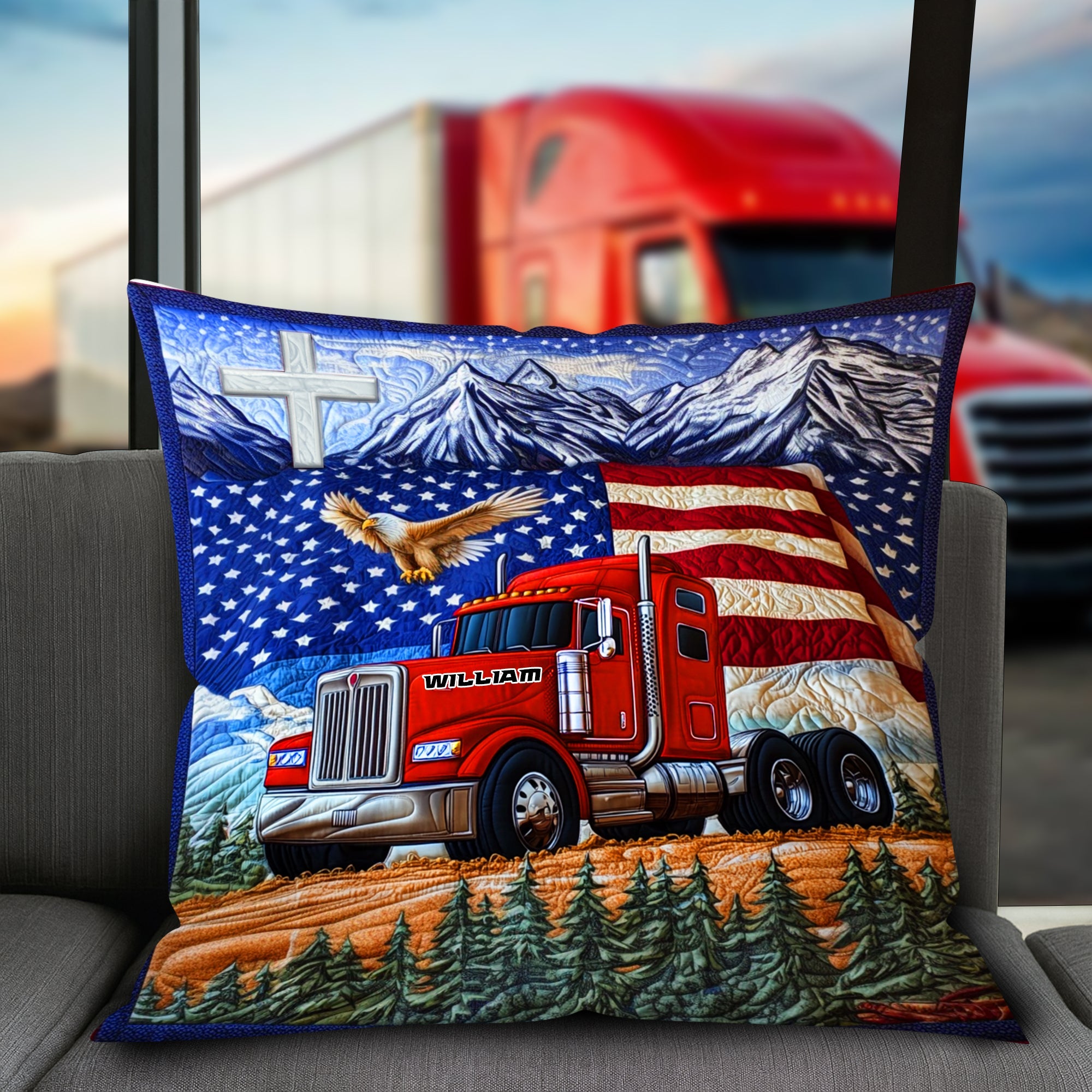 “Drive with Pride!” Personalized Trucker’s Pride Patriotic Square Pillow - Custom Gifts for Truck Lovers Pillow PopCulturePrints