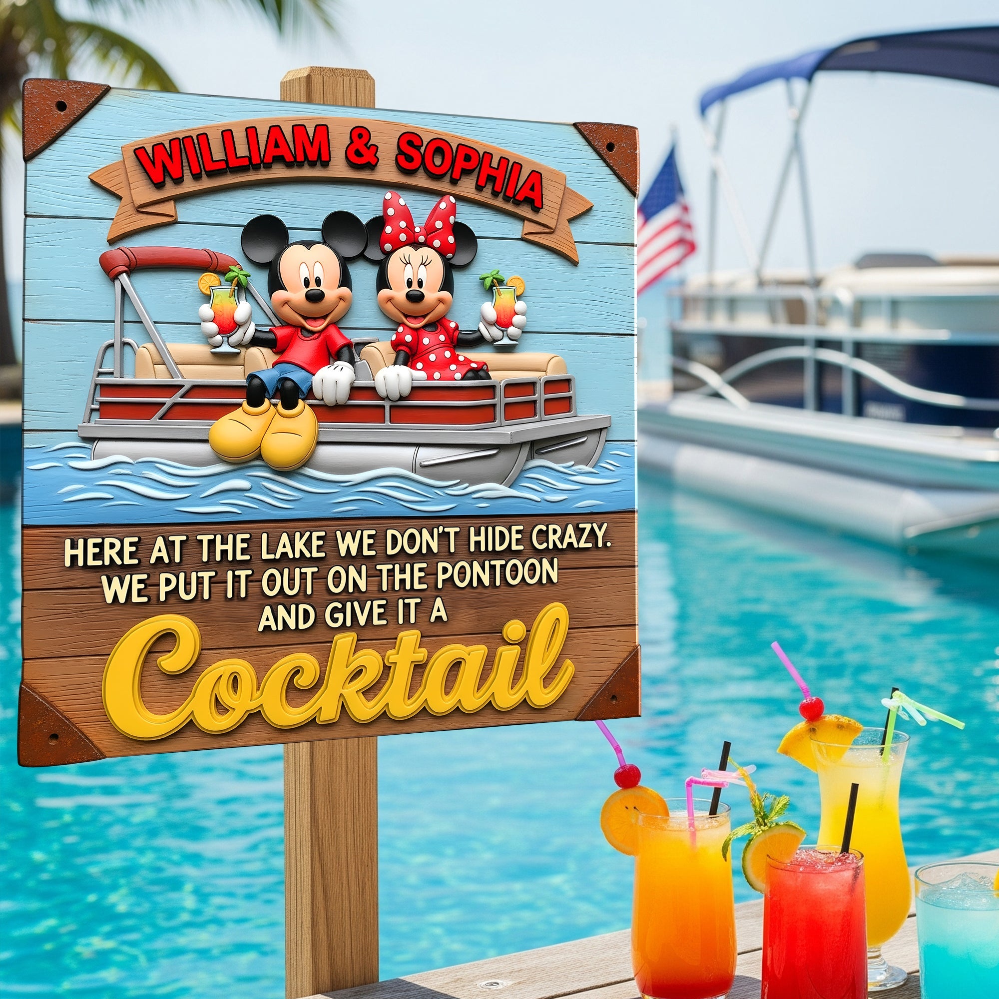 Here at the Lake We Don't Hide Crazy - Personalized Pontoon Couple Wood Sign Wood Sign PopCulturePrints