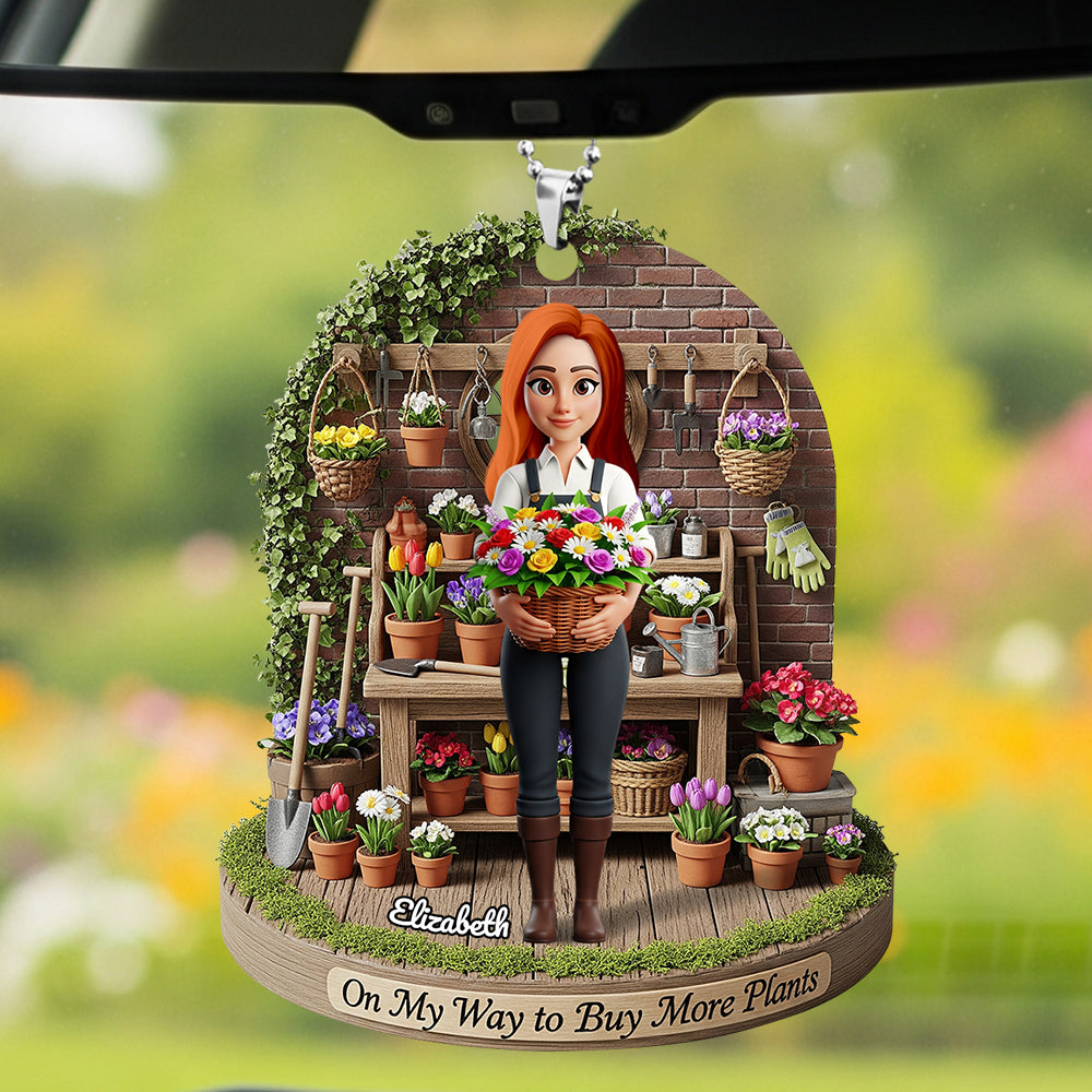 "On My Way to Buy More Plants" - Personalized Flower Garden Girl Car Ornament - Gift for Gardeners and Plant Lovers Ornament PopCulturePrints