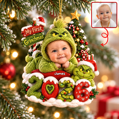 “Celebrate Your Baby's First Christmas!” - Custom Grinch-Inspired Ornament for Kids - Perfect Personalized Gift for Family and Friends Ornament PopCulturePrints